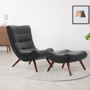 Modern Curved Velvet Lounge Office Chair with Footstool Black