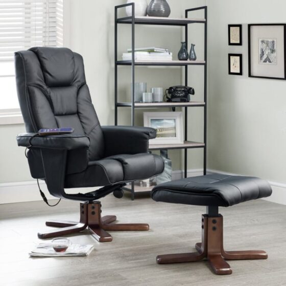 Maeryn Leather Massage Recliner Chair And Foot Stool In Black