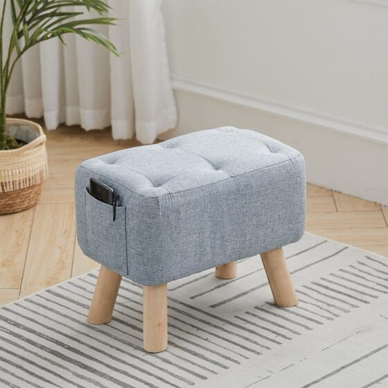 Linen Upholstered Rectangular Footstool with Wooden Legs