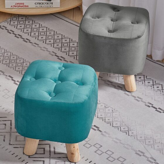 Tufted Velvet Square Footstool with Wooden Legs