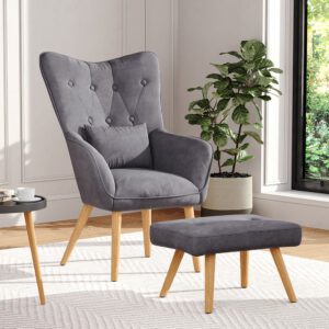 107cm Minimalist Velvet Wingback Lounge Armchair with Footstool