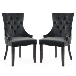 Cankaya Black Velvet Accent Chairs With Wooden Legs In Pair