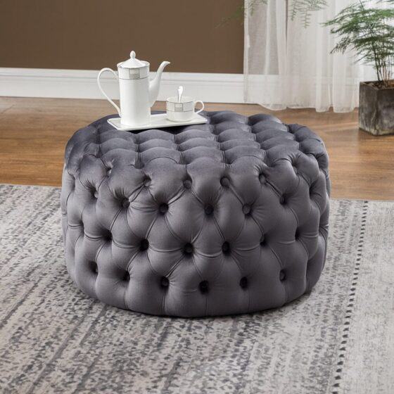 Round Velvet Upholstered Buttoned Footstool