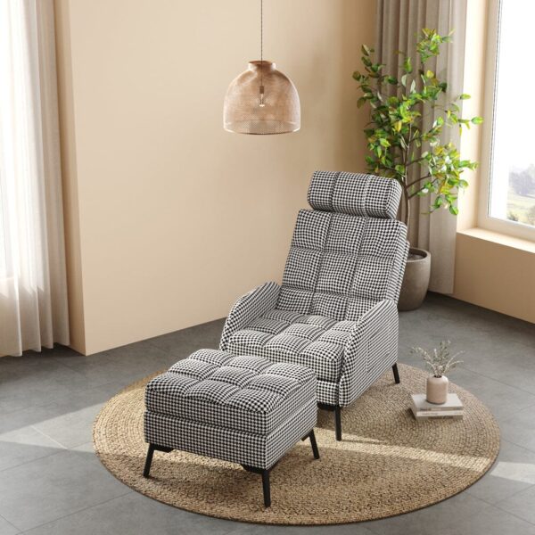 128.5cm 180-Degree Folding Houndstooth Recliner Chair Sleeping Sofa Chair with Footstool