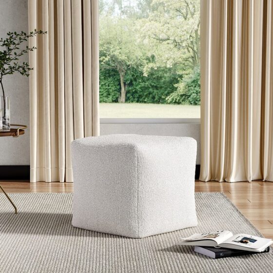 White Textured Fabric Square Footstool